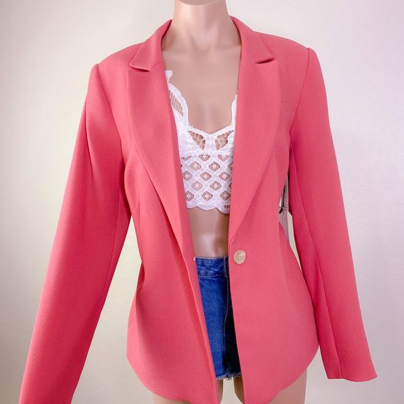 1. State Jackets & Blazers - 1 STATE Textured Crepe Button Coral Poppy Blazer